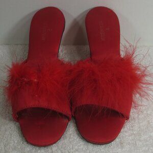 Vintage Shoes Red Feather Satin Elegant Slip On Mule Heels Made in USA Size 6